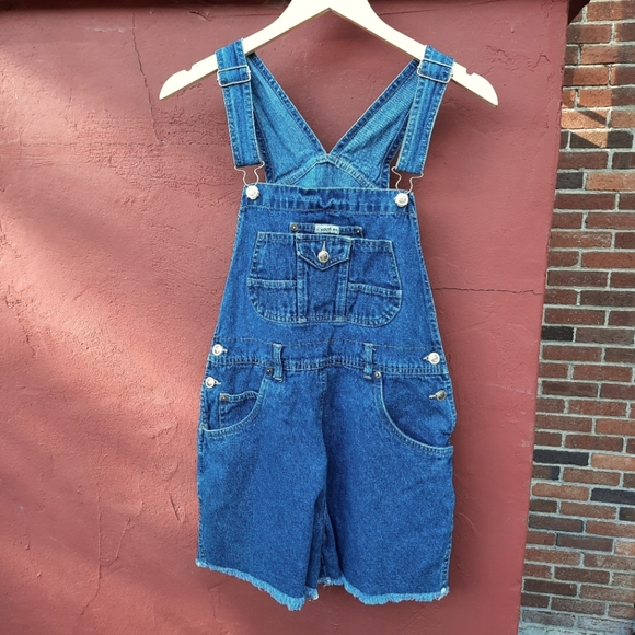 Route 66 Vintage 90's Denim Shortalls Bib Overalls Frayed Shorts Jeans Jorts - Picture 5 of 15